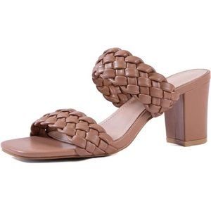 Women Heels Sandals Woven Chunky Heels Braided Nude Square Toes Leather Sandals